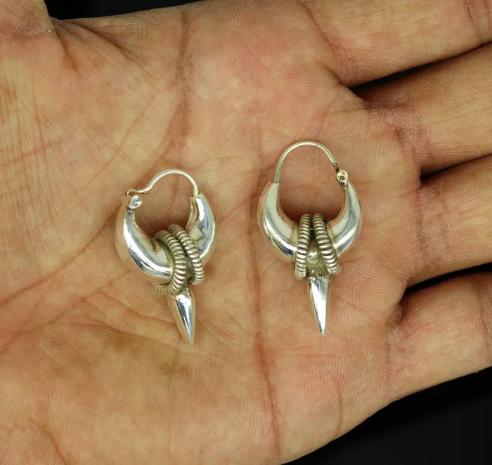 TRIBAL ORNAMENTS 925 sterling silver handmade vintage antique design hoops earring bali elegant customized earring gift tribal ethnic jewelry ske12 Earrings