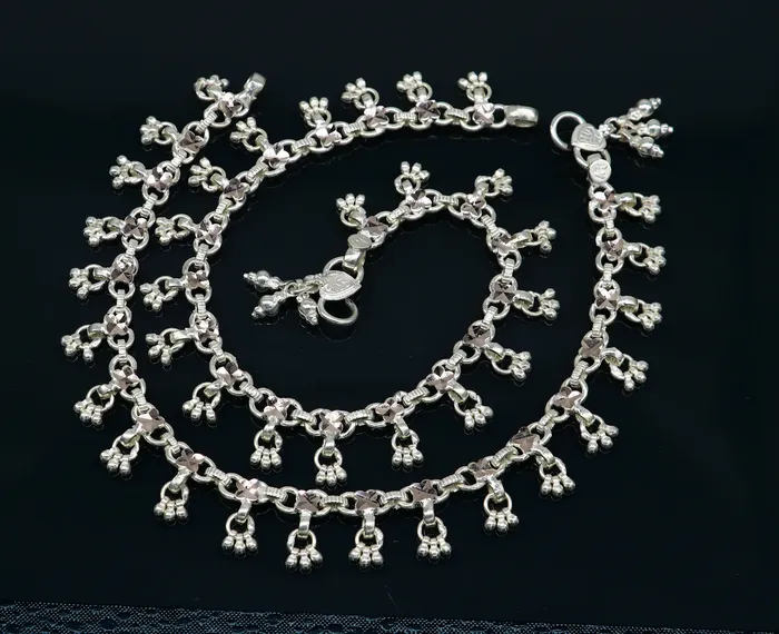 TRIBAL ORNAMENTS Bracelets 10 solid sterling silver handmade ankle bracelet anklets fabulous hanging drops wedding brides anklets belly dance jewelry ank412