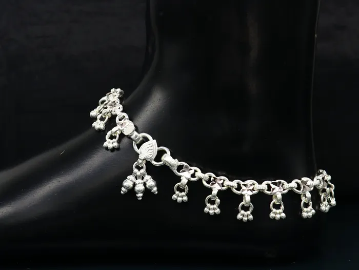 TRIBAL ORNAMENTS Bracelets 10 solid sterling silver handmade ankle bracelet anklets fabulous hanging drops wedding brides anklets belly dance jewelry ank412