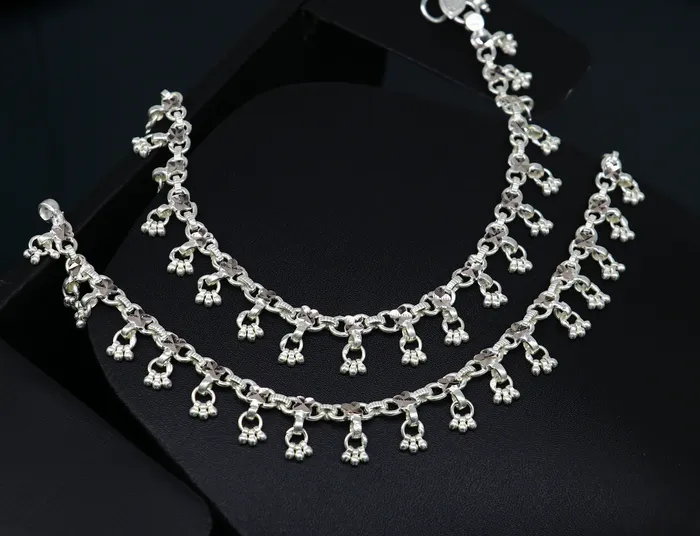 TRIBAL ORNAMENTS Bracelets 10 solid sterling silver handmade ankle bracelet anklets fabulous hanging drops wedding brides anklets belly dance jewelry ank412