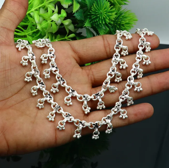 TRIBAL ORNAMENTS Bracelets 10 solid sterling silver handmade ankle bracelet anklets fabulous hanging drops wedding brides anklets belly dance jewelry ank412