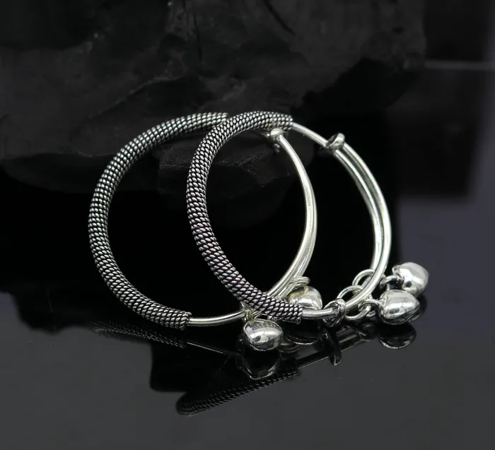 TRIBAL ORNAMENTS Bracelets 925 sterling silver handmade fancy adjustable baby bangle kada bracelet fabulous heart shape hangings charm bangles unisex kids bbk70 TRIBAL ORNAMENTS Bracelets 925 sterling silver handmade fancy adjustable baby bangle kada bracelet fabulous heart shape hangings charm bangles unisex kids bbk70