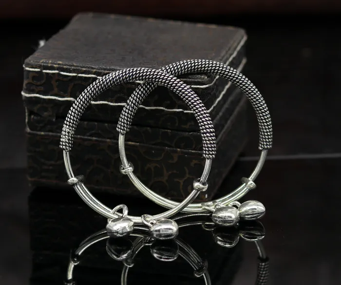 TRIBAL ORNAMENTS Bracelets 925 sterling silver handmade fancy adjustable baby bangle kada bracelet fabulous heart shape hangings charm bangles unisex kids bbk70