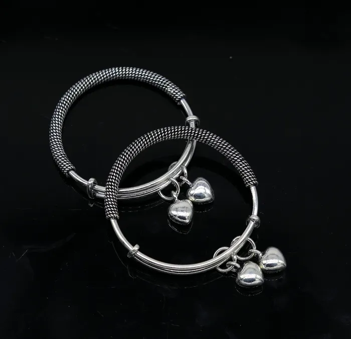 TRIBAL ORNAMENTS Bracelets 925 sterling silver handmade fancy adjustable baby bangle kada bracelet fabulous heart shape hangings charm bangles unisex kids bbk70