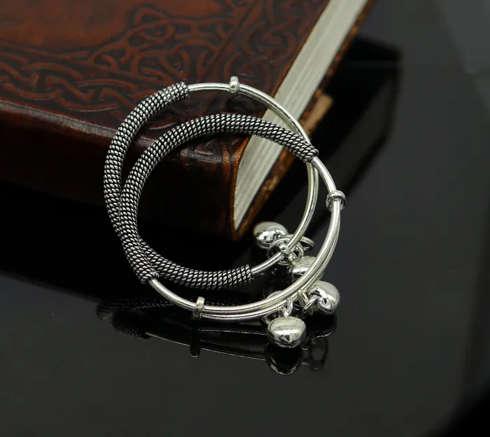 TRIBAL ORNAMENTS Bracelets 925 sterling silver handmade fancy adjustable baby bangle kada bracelet fabulous heart shape hangings charm bangles unisex kids bbk70