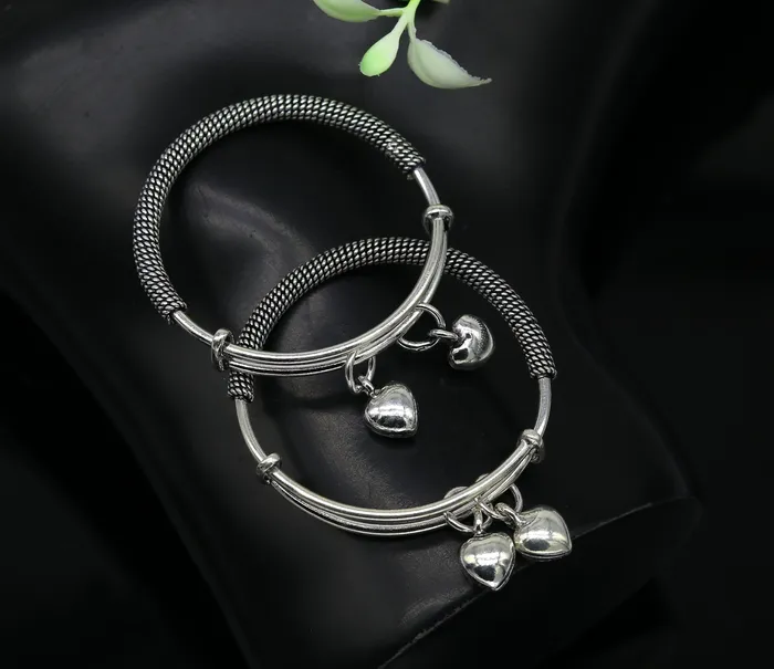 TRIBAL ORNAMENTS Bracelets 925 sterling silver handmade fancy adjustable baby bangle kada bracelet fabulous heart shape hangings charm bangles unisex kids bbk70