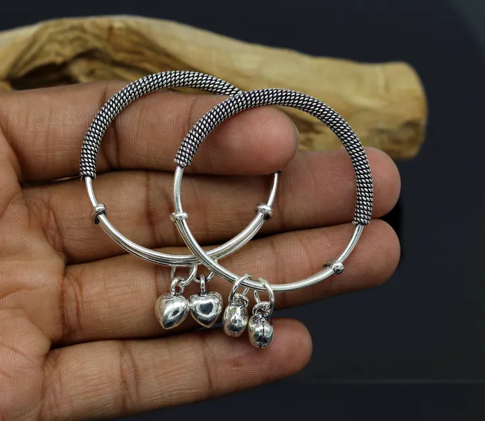TRIBAL ORNAMENTS Bracelets 925 sterling silver handmade fancy adjustable baby bangle kada bracelet fabulous heart shape hangings charm bangles unisex kids bbk70