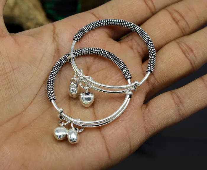 TRIBAL ORNAMENTS Bracelets 925 sterling silver handmade fancy adjustable baby bangle kada bracelet fabulous heart shape hangings charm bangles unisex kids bbk70