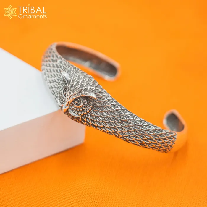 TRIBAL ORNAMENTS Bracelets 925 sterling silver handmade stylish owl face adjustable bangle bracelet kada unisex jewelry cuff247