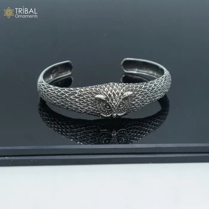 TRIBAL ORNAMENTS Bracelets 925 sterling silver handmade stylish owl face adjustable bangle bracelet kada unisex jewelry cuff247
