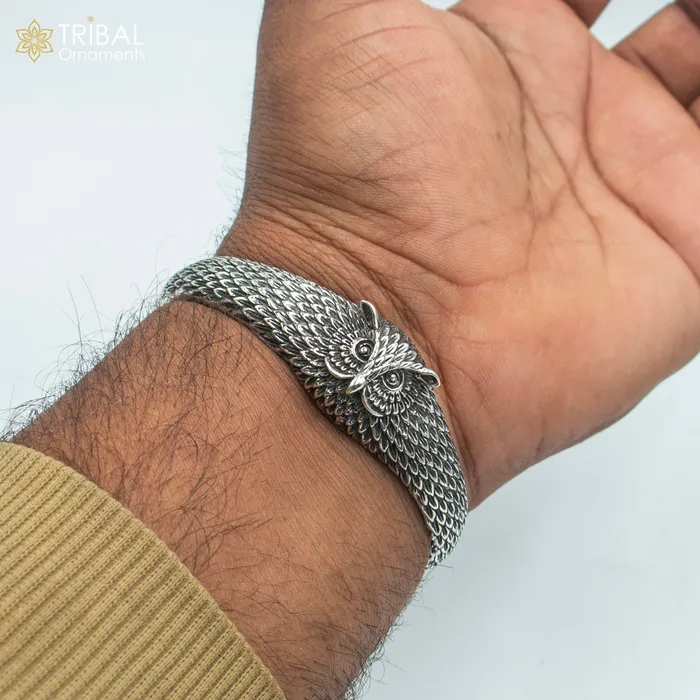 TRIBAL ORNAMENTS Bracelets 925 sterling silver handmade stylish owl face adjustable bangle bracelet kada unisex jewelry cuff247