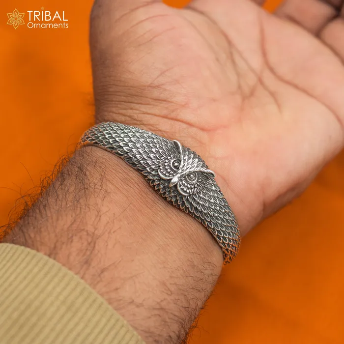TRIBAL ORNAMENTS Bracelets 925 sterling silver handmade stylish owl face adjustable bangle bracelet kada unisex jewelry cuff247