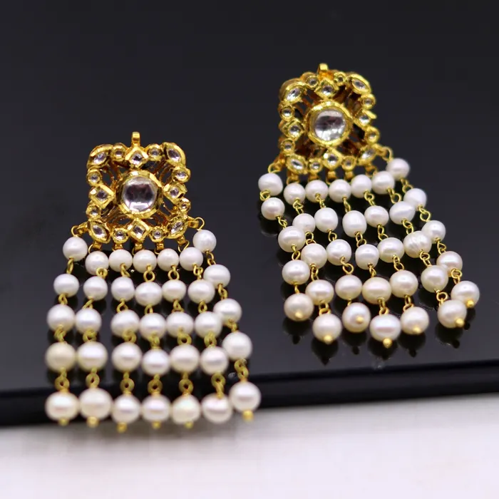 TRIBAL ORNAMENTS Earrings 22k yellow gold handmade fabulous kundan jadau stud with dangling pearl excellent bridal jewelry er81 TRIBAL ORNAMENTS Earrings 22k yellow gold handmade fabulous kundan jadau stud with dangling pearl excellent bridal jewelry er81