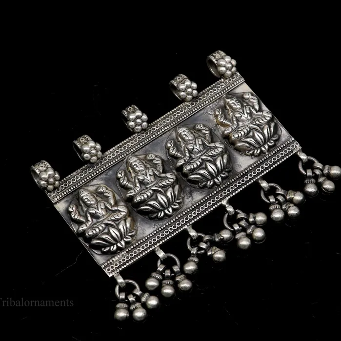 TRIBAL ORNAMENTS Necklaces 925 sterling silver Vintage antique design handmade indian Goddes laxmi pendant with gorgeous drops tribal belly dance jewelry ssp822