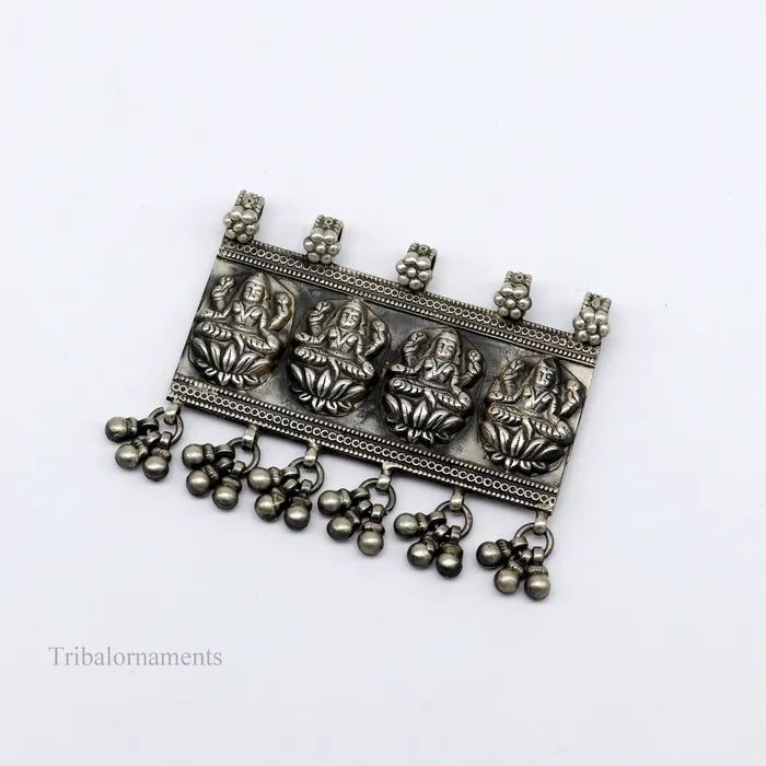 TRIBAL ORNAMENTS Necklaces 925 sterling silver Vintage antique design handmade indian Goddes laxmi pendant with gorgeous drops tribal belly dance jewelry ssp822