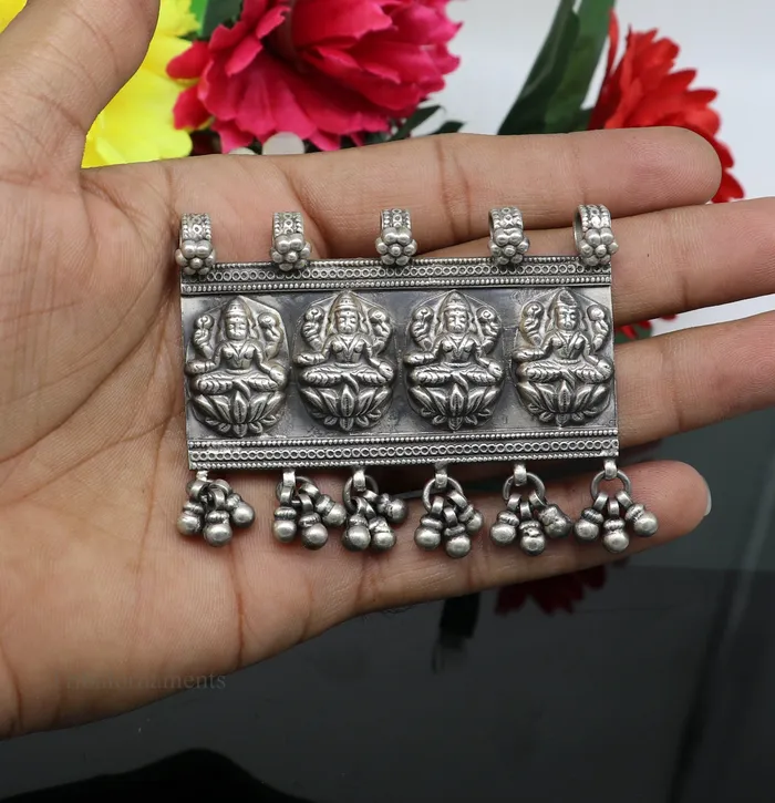TRIBAL ORNAMENTS Necklaces 925 sterling silver Vintage antique design handmade indian Goddes laxmi pendant with gorgeous drops tribal belly dance jewelry ssp822