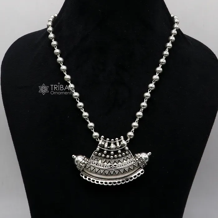 TRIBAL ORNAMENTS Necklaces Indian Vintage ethnic design 925 sterling silver gorgeous tribal stylish amulet pendant with 6mm beaded necklace temple jewelry set665 TRIBAL ORNAMENTS Necklaces Indian Vintage ethnic design 925 sterling silver gorgeous tribal stylish amulet pendant with 6mm beaded necklace temple jewelry set665