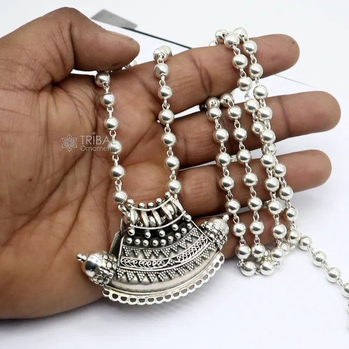 TRIBAL ORNAMENTS Necklaces Indian Vintage ethnic design 925 sterling silver gorgeous tribal stylish amulet pendant with 6mm beaded necklace temple jewelry set665 TRIBAL ORNAMENTS Necklaces Indian Vintage ethnic design 925 sterling silver gorgeous tribal stylish amulet pendant with 6mm beaded necklace temple jewelry set665