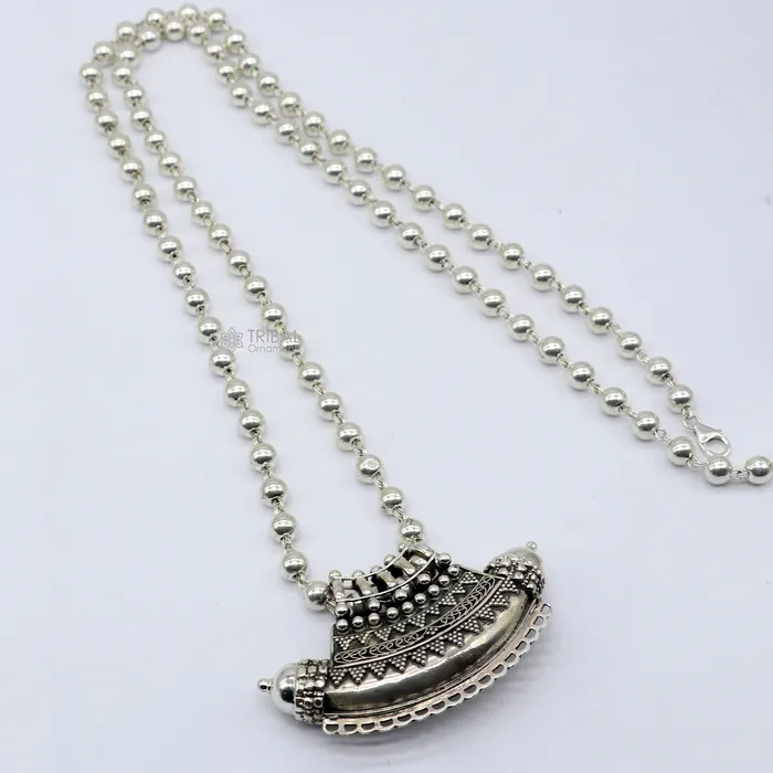 TRIBAL ORNAMENTS Necklaces Indian Vintage ethnic design 925 sterling silver gorgeous tribal stylish amulet pendant with 6mm beaded necklace temple jewelry set665 TRIBAL ORNAMENTS Necklaces Indian Vintage ethnic design 925 sterling silver gorgeous tribal stylish amulet pendant with 6mm beaded necklace temple jewelry set665