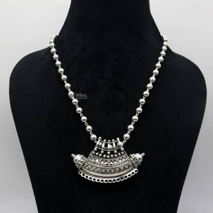 TRIBAL ORNAMENTS Necklaces Indian Vintage ethnic design 925 sterling silver gorgeous tribal stylish amulet pendant with 6mm beaded necklace temple jewelry set665 TRIBAL ORNAMENTS Necklaces Indian Vintage ethnic design 925 sterling silver gorgeous tribal stylish amulet pendant with 6mm beaded necklace temple jewelry set665