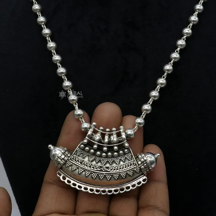 TRIBAL ORNAMENTS Necklaces Indian Vintage ethnic design 925 sterling silver gorgeous tribal stylish amulet pendant with 6mm beaded necklace temple jewelry set665 TRIBAL ORNAMENTS Necklaces Indian Vintage ethnic design 925 sterling silver gorgeous tribal stylish amulet pendant with 6mm beaded necklace temple jewelry set665