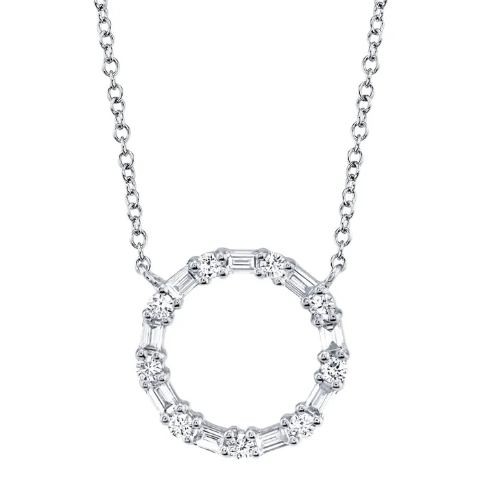 14K White Gold Baguette and Round Diamond Circle Necklace Meierotto Jewelers Necklaces