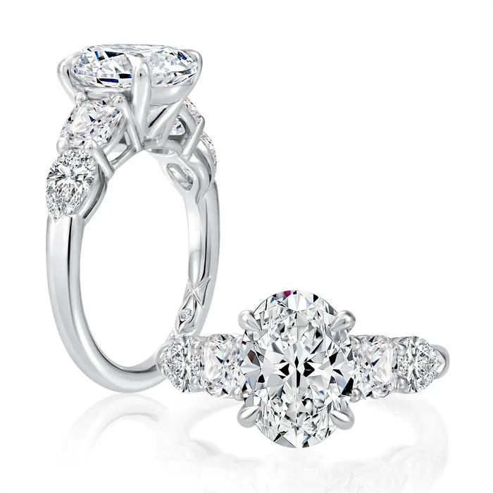 A Jaffe Rings A Jaffe 14K White Gold Oval Semi Mount Diamond Ring with Cushion and Pear Diamond Sides A Jaffe Rings A Jaffe 14K White Gold Oval Semi Mount Diamond Ring with Cushion and Pear Diamond Sides