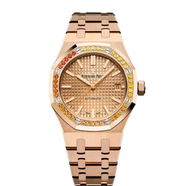 Audemars Piguet Royal Oak Selfwinding 37mm Watch Ref 15451ORYY1256OR01 Rose Gold Dial Rainbow Sapphire Case in 18K Rose Gold Bracelet Audemars Piguet Bracelets