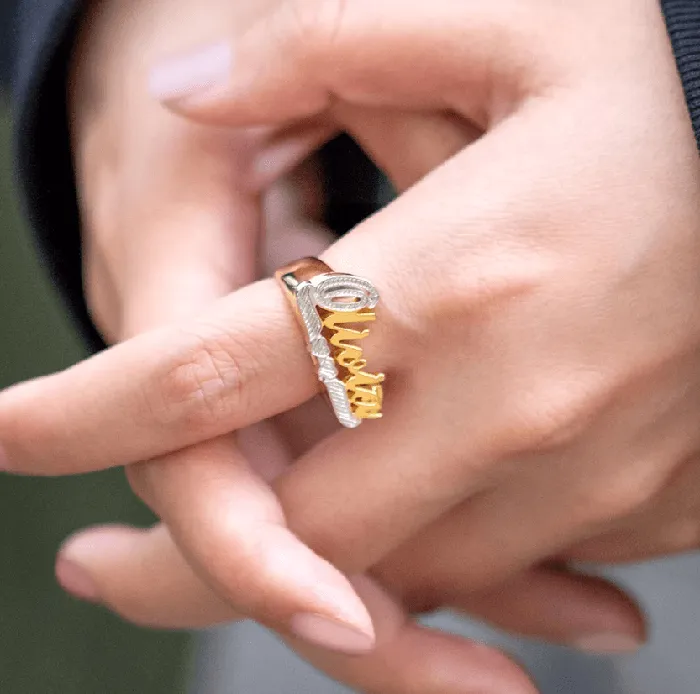 Belbren Custom Gold Name Ring Large Script Personalized Cursive Font Unisex Jewelry Rings Rings