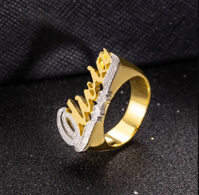 Belbren Custom Gold Name Ring Large Script Personalized Cursive Font Unisex Jewelry Rings Rings