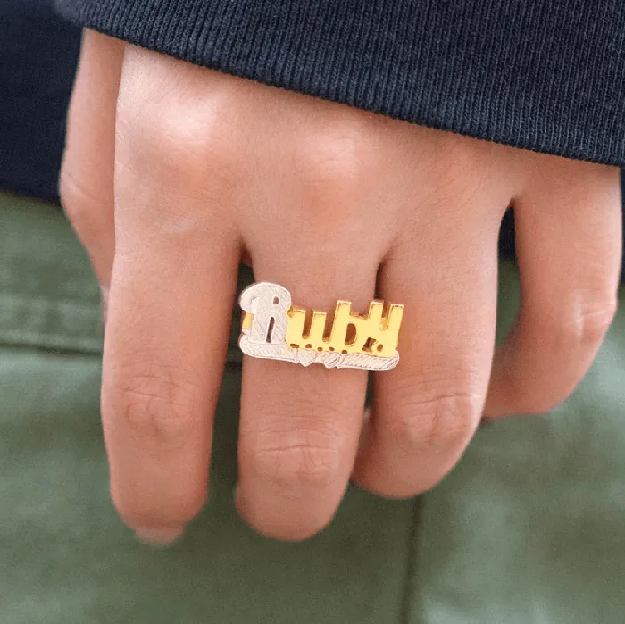Belbren Custom Gold Name Ring Large Script Personalized Cursive Font Unisex Jewelry Rings Rings
