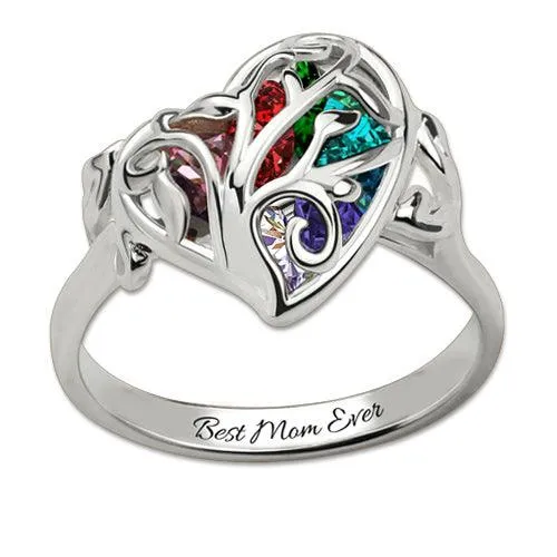 Belbren Rings Customizable Family Tree Heart Ring with Birthstones Platinum Gold Rose Gold Plated Ideal Gift for Mothers