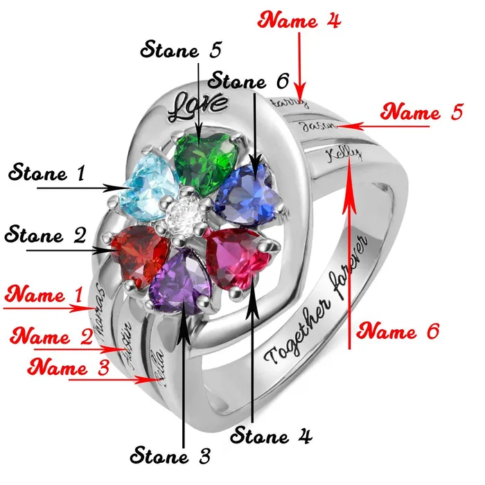 Belbren Rings Personalized 925 Sterling Silver Heart Birthstone Ring Customizable for Family Couples Promise and Mothers