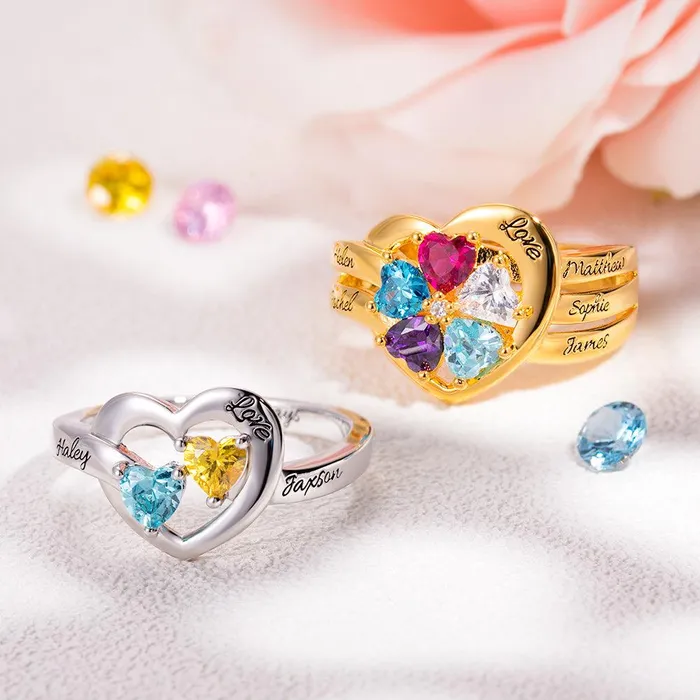Belbren Rings Personalized 925 Sterling Silver Heart Birthstone Ring Customizable for Family Couples Promise and Mothers