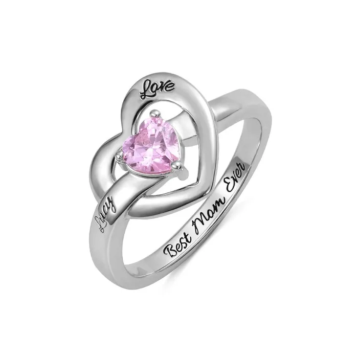 Belbren Rings Personalized 925 Sterling Silver Heart Birthstone Ring Customizable for Family Couples Promise and Mothers