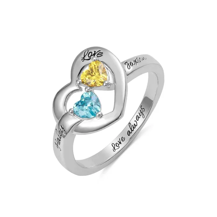 Belbren Rings Personalized 925 Sterling Silver Heart Birthstone Ring Customizable for Family Couples Promise and Mothers