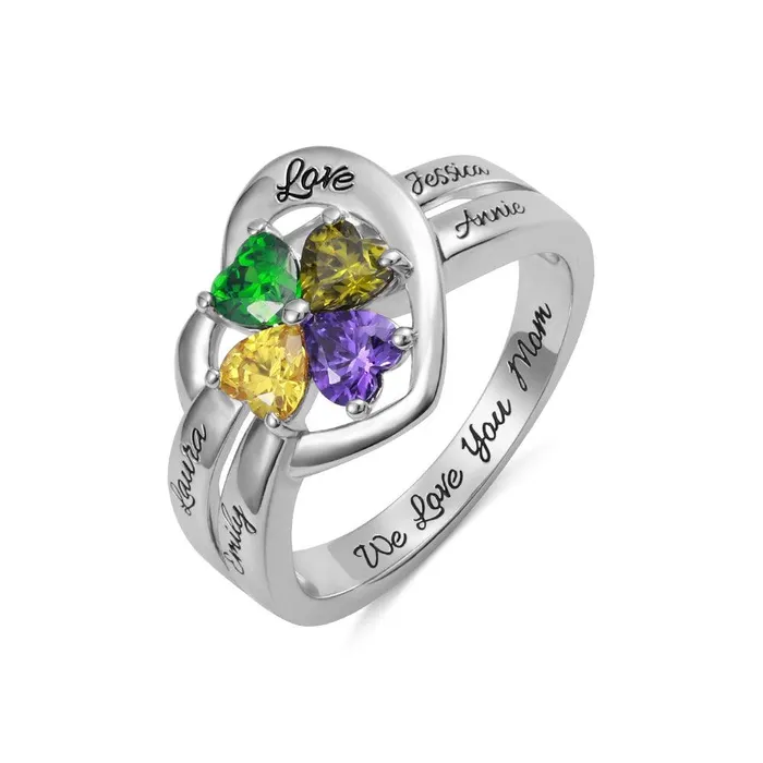 Belbren Rings Personalized 925 Sterling Silver Heart Birthstone Ring Customizable for Family Couples Promise and Mothers
