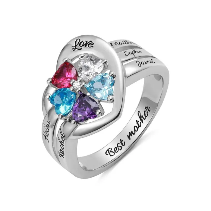 Belbren Rings Personalized 925 Sterling Silver Heart Birthstone Ring Customizable for Family Couples Promise and Mothers