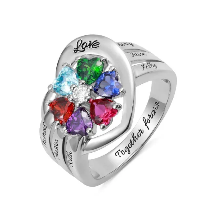 Belbren Rings Personalized 925 Sterling Silver Heart Birthstone Ring Customizable for Family Couples Promise and Mothers