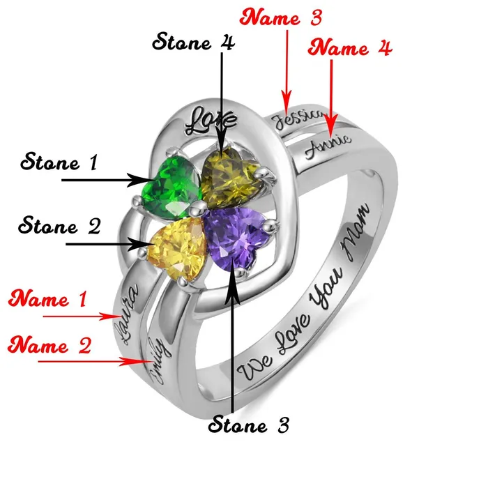 Belbren Rings Personalized 925 Sterling Silver Heart Birthstone Ring Customizable for Family Couples Promise and Mothers