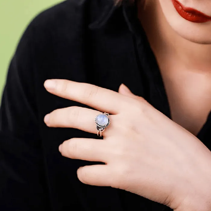 Belbren Rings Personalized Sterling Silver Celtic Knot Ring Oval Rainbow Moonstone Engagement Promise Ring for Women Unique Aurora Wedding Band