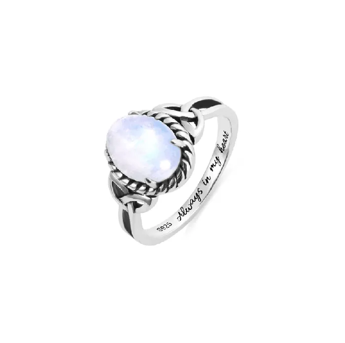 Belbren Rings Personalized Sterling Silver Celtic Knot Ring Oval Rainbow Moonstone Engagement Promise Ring for Women Unique Aurora Wedding Band