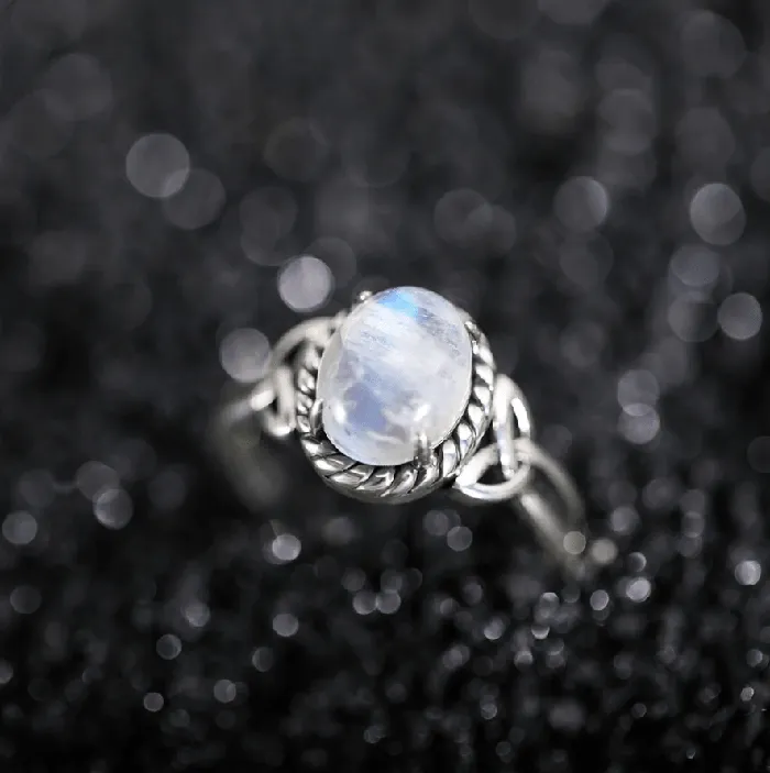 Belbren Rings Personalized Sterling Silver Celtic Knot Ring Oval Rainbow Moonstone Engagement Promise Ring for Women Unique Aurora Wedding Band