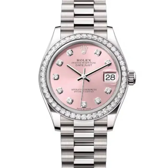 Bracelets Rolex Rolex Datejust 31mm Ref 278289rbr0022 Pink Diamond Dial Diamond Bezel 18K White Gold President Bracelet Womens Watch