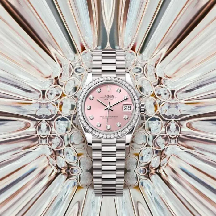 Bracelets Rolex Rolex Datejust 31mm Ref 278289rbr0022 Pink Diamond Dial Diamond Bezel 18K White Gold President Bracelet Womens Watch