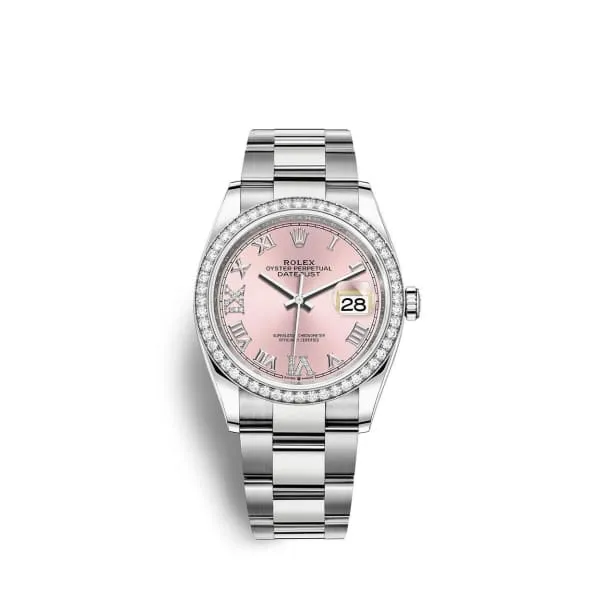 Bracelets Rolex Rolex Datejust 36mm Ref 126284rbr0024 Pink Roman Diamond Dial Diamond Bezel Stainless Steel Oyster Bracelet Watch