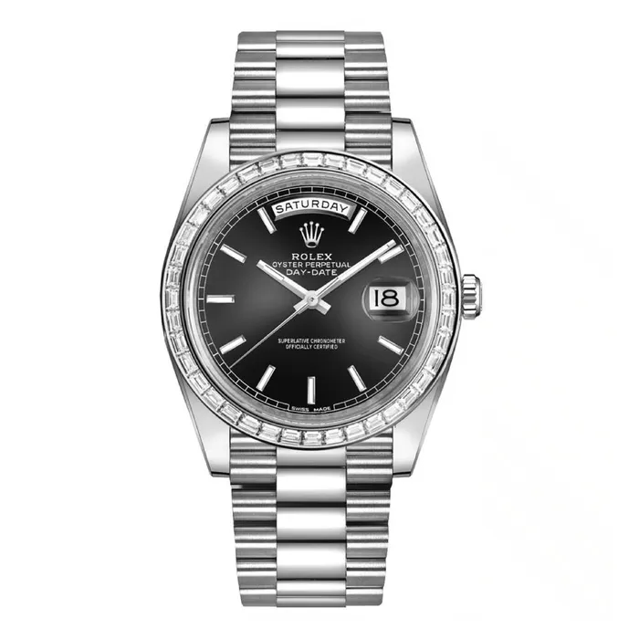 Bracelets Rolex Rolex Day Date 40mm Ref 228396tbr0024 Black Stick Dial Diamond Bezel Platinum President Bracelet Mens Watch
