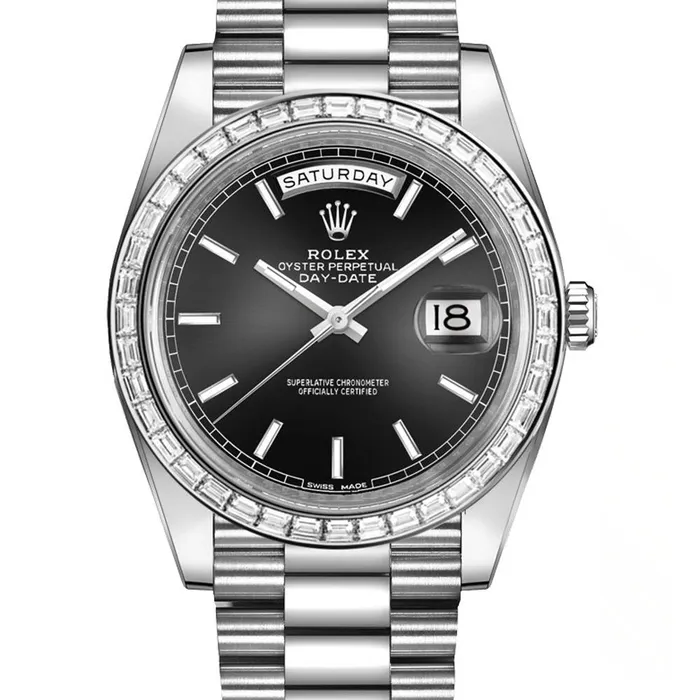 Bracelets Rolex Rolex Day Date 40mm Ref 228396tbr0024 Black Stick Dial Diamond Bezel Platinum President Bracelet Mens Watch