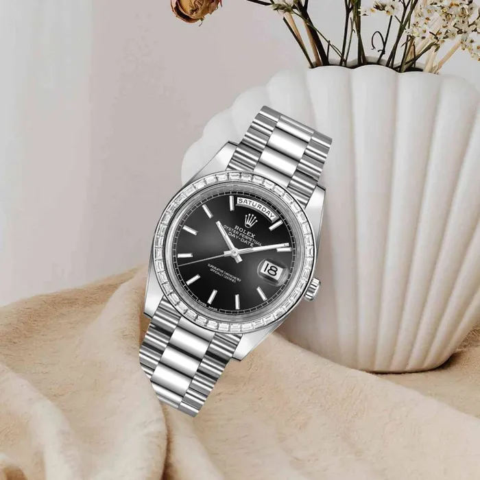 Bracelets Rolex Rolex Day Date 40mm Ref 228396tbr0024 Black Stick Dial Diamond Bezel Platinum President Bracelet Mens Watch