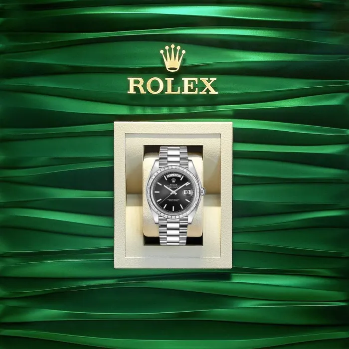 Bracelets Rolex Rolex Day Date 40mm Ref 228396tbr0024 Black Stick Dial Diamond Bezel Platinum President Bracelet Mens Watch